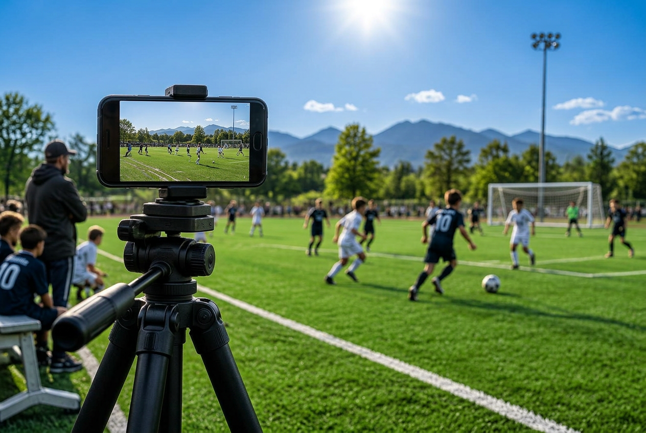 iPhone on a tripod recording a youth soccer match at sunset